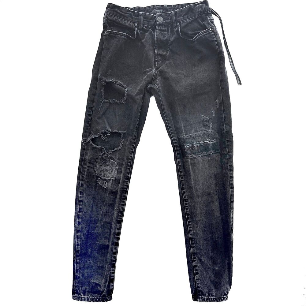 KITH Jeans Mens 30x31 Varick Denim Pant Black Button Fly Distressed Slim Tapered